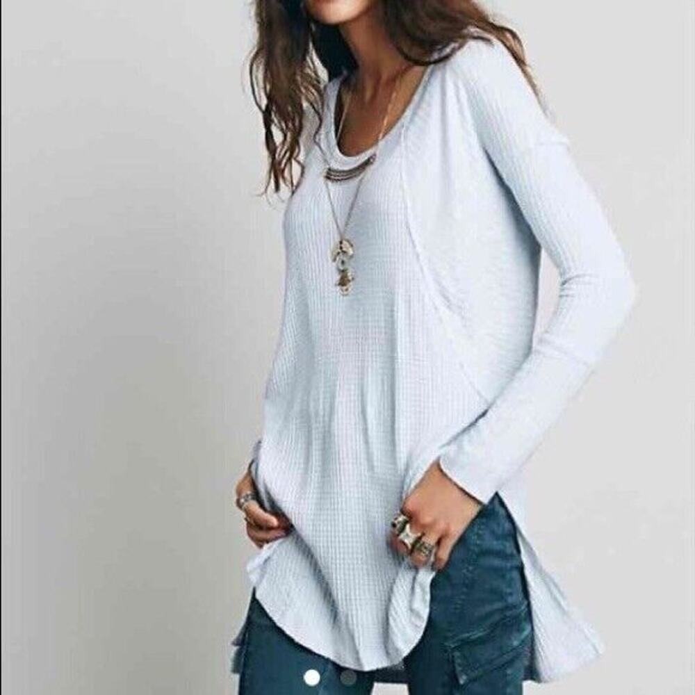 Free People Sz XS Ventura Thermal Top Waffle Knit Long Sleeve Sky Blue High Low